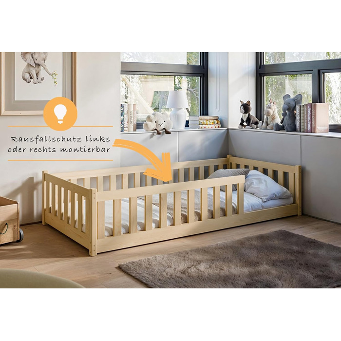 Ліжко дитяче Kinderbett Bodenbett 90x200 см з бортиком та ламелями Montessori, ліжко-гойдалка для дітей та підлітків, 4-18 років, колір натуральний