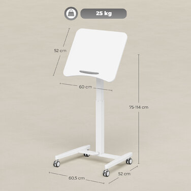 Регульований за висотою стіл для стояння, мобільний стіл з нахиленою стільницею, стопор безпеки, колеса, білий