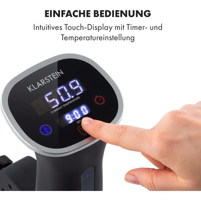 Klarstein Sous Vide Garer: Електричний су-від прилад, 1200W, 20-95°C, таймер, керування через додаток, сенсорний дисплей, 3D циркуляція, для посуду 10-15 літрів, нержавіюча сталь, чорний