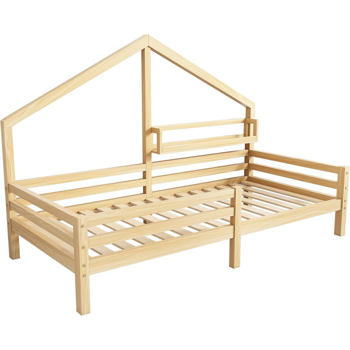 Ліжко дитяче Merax 90x200 см з бортиками, з ящиками та полицею, біле. Стабільне дерев'яне ліжко-будиночок з ламелями. Ігрове ліжко для хлопчиків та дівчаток.