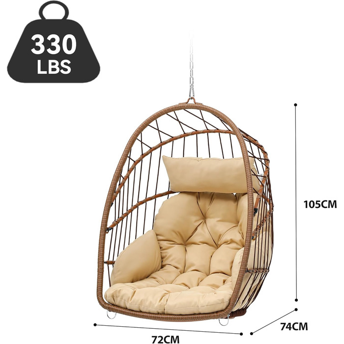 Крісло-гойдалка YITAHOME для тераси, саду, вітальні. Міцний ротанг, 150 кг, з подушками (105x74x72 см)