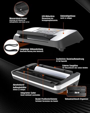 Вакууматор для продуктів 12-в-1 (95 kPa) з подвійним швом, системою Easy-Lock та вбудованим різаком, сріблястий