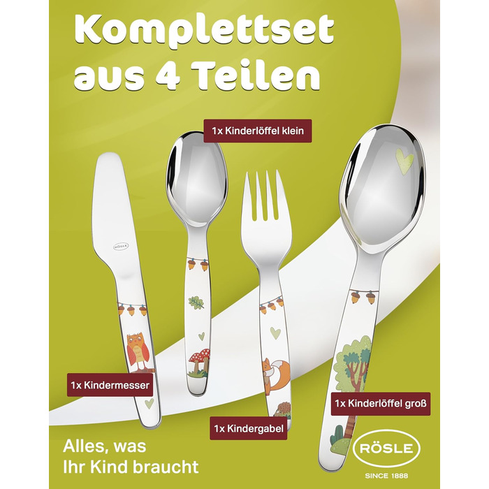 Дитячий набір столових приборів RÖSLE 'Waldfreunde' (4 шт.) з нержавіючої сталі 18/10, для дітей від 3 років, придатний для миття в посудомийній машині, чудовий подарунок на хрещення для хлопчиків та дівчаток