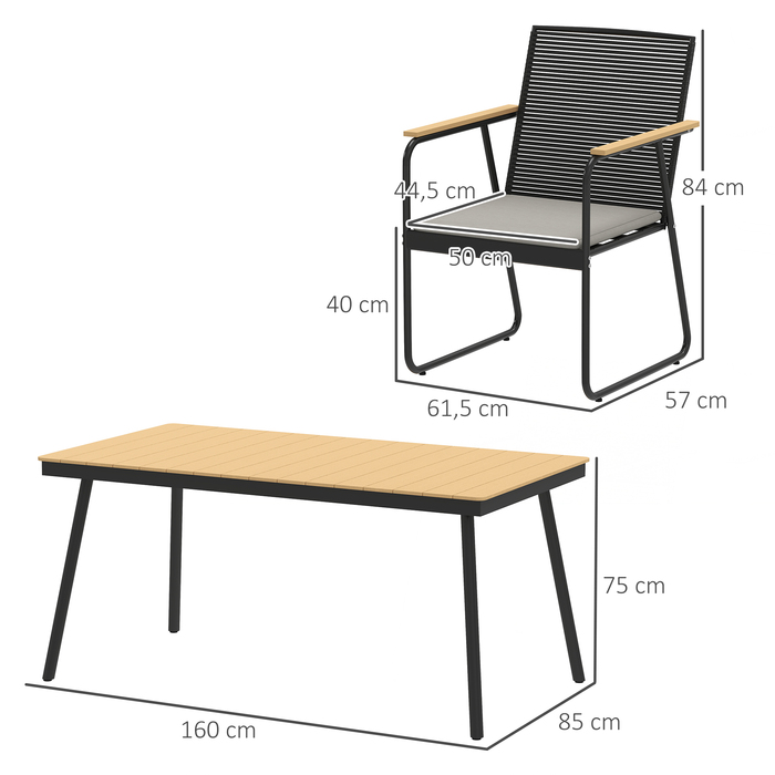 Обідний гарнітур на 6 осіб, 7 предметів: стіл та 6 стільців. Металевий каркас, стільниця з натурального дерева + чорний колір.