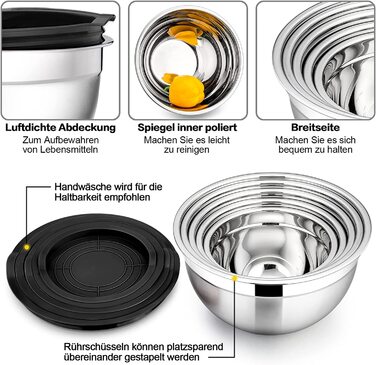 Набір з 5 мисок для змішування, набір салатниць з нержавіючої сталі HaWare з герметичною кришкою - 4,5 л/2,7 л/1,5 л/ 1,2 л/0,7 л, idea