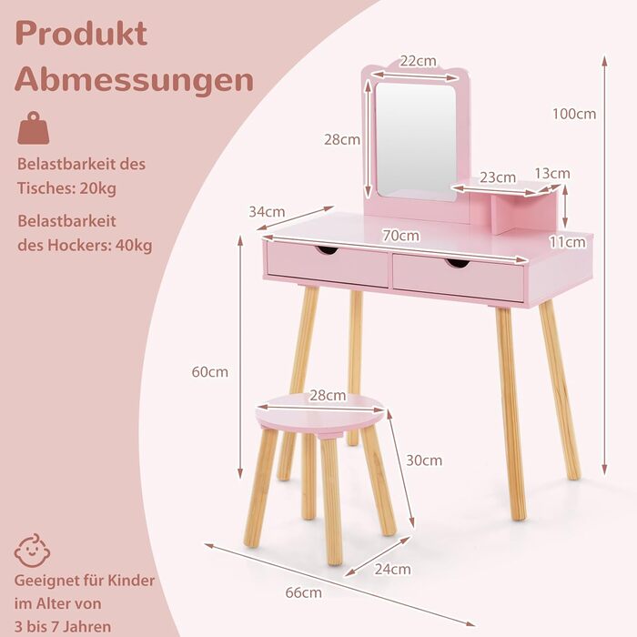 Дитячий туалетний столик COSTWAY 2-в-1 зі стільчиком та дзеркалом, з 2 шухлядами, гребінцем, для дівчаток 3-7 років (Рожевий)