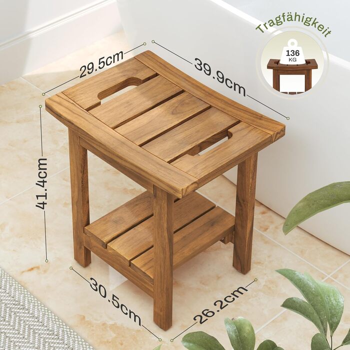 Дзеркало для ванної кімнати LUE BONA з масивного тикового дерева, квадратна лавка для ванної кімнати з дерева, водонепроникний стілець для душу, спа та ванної кімнати, 39.9×29.5×41.4см, (Натуральне тикове дерево)