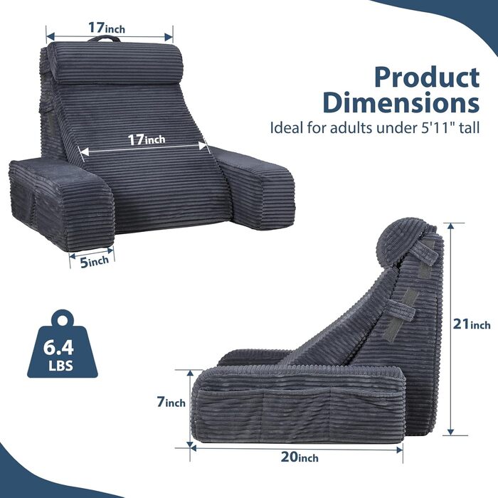 Регульоване подушко-крісло для читання Vekkia з підпоркою для спини - XL кишені, м'який матеріал, ідеально для читання, ігор та відпочинку