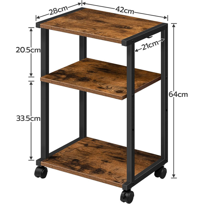 Стіл для принтера HOOBRO, 3-х ярусний, регульований по висоті, з колесами, 3 полиці, 2 гачки, 42x28x64 см, EBF28PS01