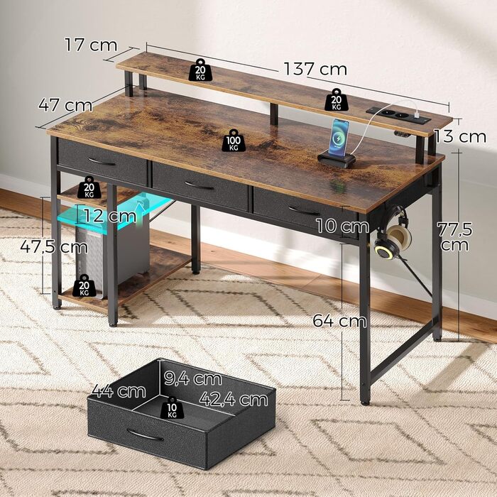 Комп'ютерний стіл Rolanstar з ящиками, розетками та LED підсвіткою, ігровий стіл з підставкою для монітора, полиця та 2 гачки, для офісу та вітальні (білий, 100x47x90,5 см), вінтажний коричневий (137 см)