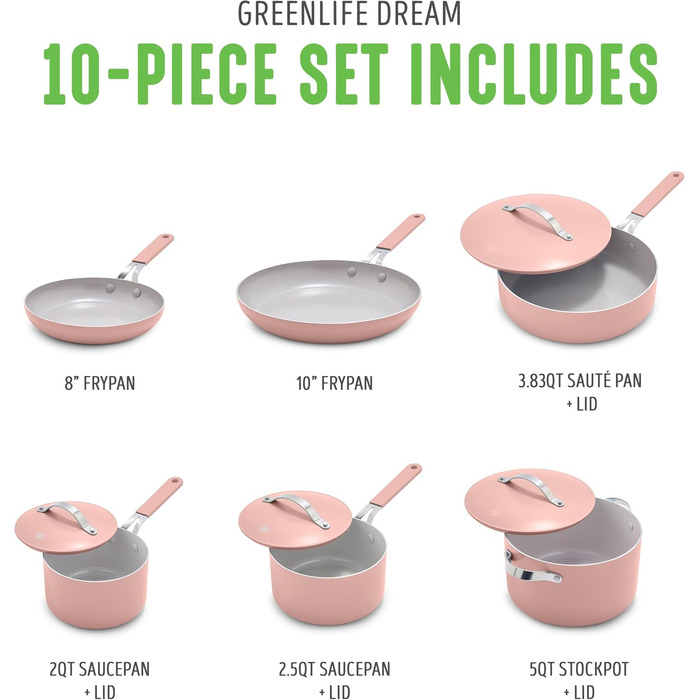 Набір кухонного посуду GreenLife Dream 10 предметів з керамічним покриттям, рожевий (Dusty Pink), без PFAS та PFOA, для плити та духовки