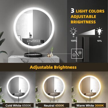 Круглий дзеркало для ванної кімнати з підсвічуванням, 60 см, LED, Bluetooth, сенсорне управління, регулювання кольору (3000K-6500K), диммування, HD-загартоване скло, 600x600 мм