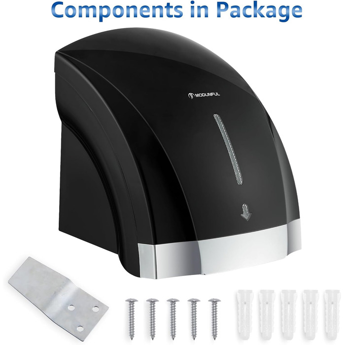 Автоматичний сушар для рук з інфрачервоним сенсором, настінний, 2000W, тихий (40 db), ABS-покриття (чорний)