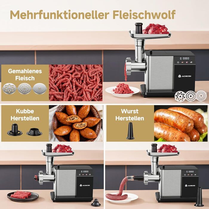 Електрична м'ясоподрібнювач AAOBOSI 3000W з LED-дисплеєм, 9 швидкостей, з нержавіючої сталі, для дому, з насадкою для ковбас та кіббе