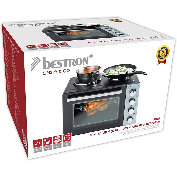 Міні-піч Bestron AOV31PS з поворотним шампуром та каменем для піци, 1500 Вт, нержавіюча сталь (31 літр)