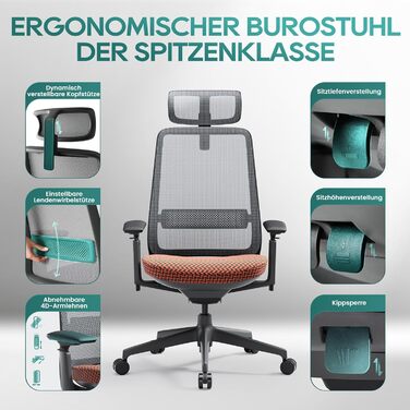 Ергономічне крісло Colamy для офісу та дому: регульована глибина сидіння, 4D підлокітники, підтримка попереку (до 136 кг), сіре