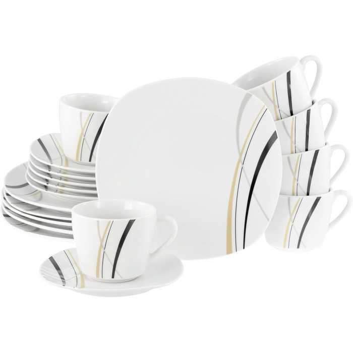 CreaTable Серія Square City Line: 18-частинний набір посуду на 6 осіб, кавовий сервіз з порцеляни, придатний для миття в посудомийній машині та використання в мікрохвильовій печі, преміум-якість
