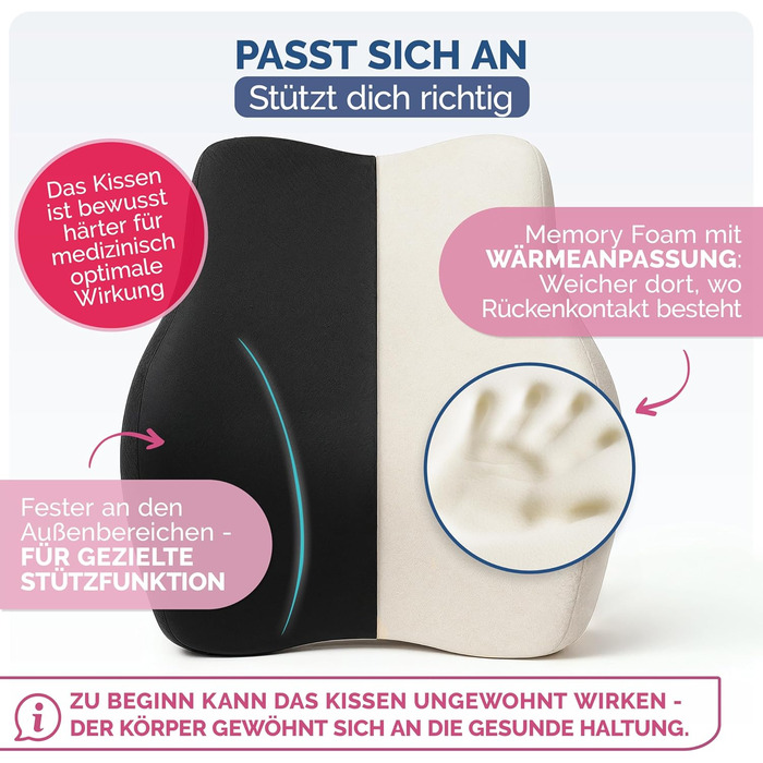 Ергономічна подушка під спину Blumtal з ефектом пам'яті (Memory Foam), підтримуюча подушка під поперек з чохлом OEKO-TEX
