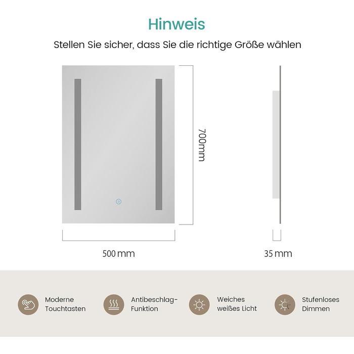 Дзеркало для ванної кімнати EMKE з підсвічуванням 60x80 см, 2 кольори світла, антизапарник, IP44, LED, сенсорний вимикач