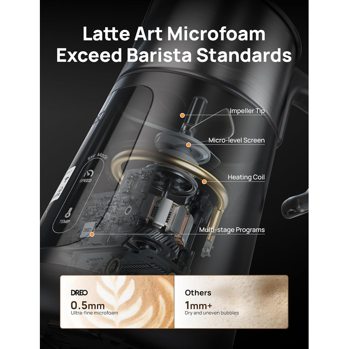 Dreo автоматичний спінювач молока All-in-1: для лате-арту, гарячих/холодних напоїв, 800 мл, електричний, миється в посудомийній машині (сріблястий, чорний)