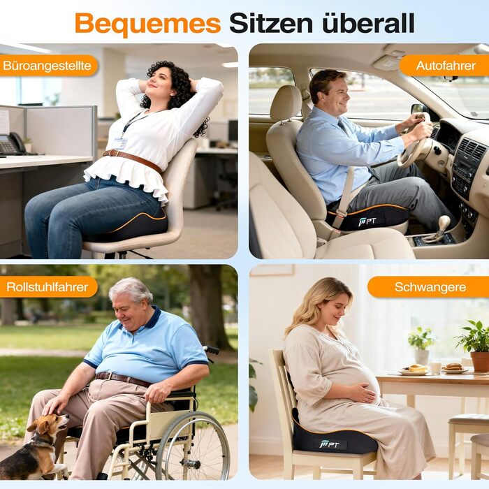 Ергономічна подушка для сидіння з Memory Foam для офісного крісла та авто, подушка для офісу, авто та дому, знімний чохол, протиковзаюча поверхня, розмір M (60–85 кг) (L-Extra Fest (110–140 кг))