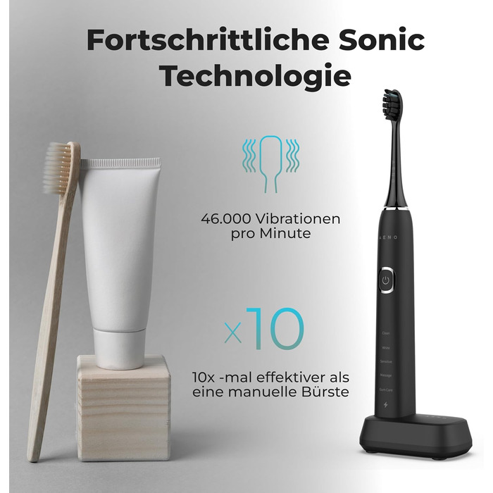 Електрична зубна щітка AENO DB6 Sonic – 5 режимів, 40 днів роботи, бездротове заряджання, преміум-щітинки, нагадування про заміну насадки, 46 000 вібрацій/хв, чорний