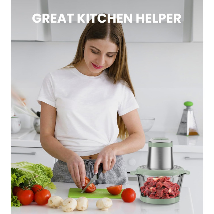 Електричний подрібнювач для кухні ESoundvol 400W з чашею 2л та 4 лезами з нержавіючої сталі - для м'яса, овочів, горіхів, дитячого харчування