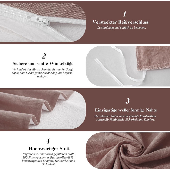 Набір постільної білизни SOULFUL 155x220 з бавовни (4 шт.): 2x 135x200 + 2x 80x80, з блискавкою, текстура як Stone Washed Leinen, цегляно-червоний колір