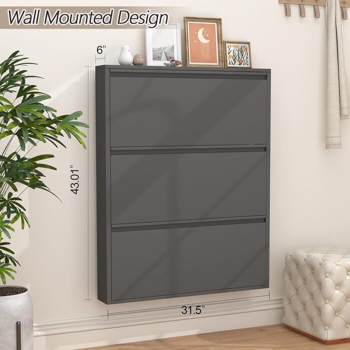 Взуттєва шафа GREATMEET для передпокою, вузька, настінна, металева, з 3 висувними ящиками (чорна)