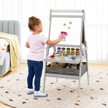Дитяча мольберт DREAMADE 3 в 1: магнітна дошка, крейдяна дошка, рулон паперу, 4 стаканчики для фарби та 2 тканинні коробки. Для дітей від 3 років (білий, сірий)