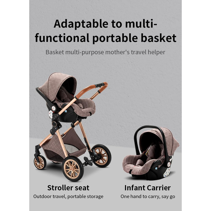 Дитяча коляска Glokid 3 в 1, комбінована коляска з подорожним системним набором, москітна сітка, дощовик, футм'юк, складна, положення для лежання, висока шасі (LV9 Рожевий)