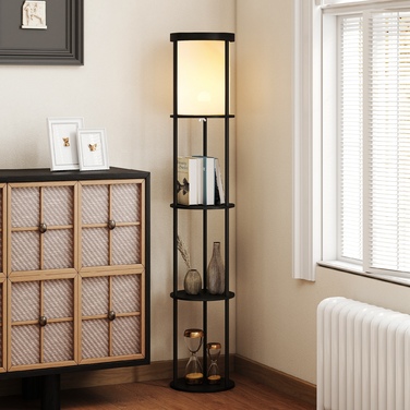 Стійка лампа HOMCOM з 3 полицями, кругла форма, пульт дистанційного керування, вимикач на підставці, регульована колірна температура світла, для вітальні, чорного кольору