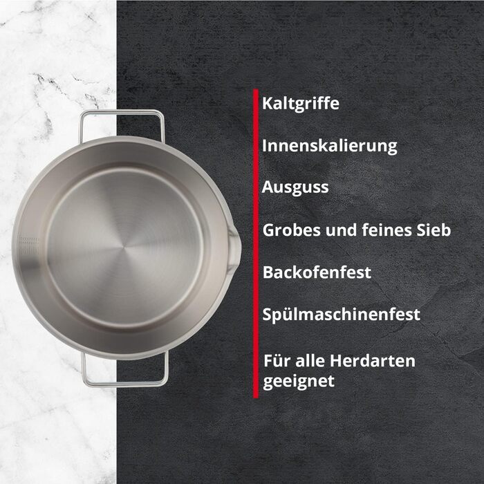 Каструля Meisterkoch з нержавіючої сталі 16 см Ø | з виливом, мірною шкалою та ізольованою ручкою | 1 скляна кришка з дрібним та великим ситом | посуд з нержавіючої сталі, підходить для індукційних плит (24 см)