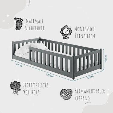 Дитяче ліжко Kids Collective Kinderbett з бортиками та ламелями, 80x180 см, сірий графіт | Ліжко-матрас для дітей, Монтессорі ліжко