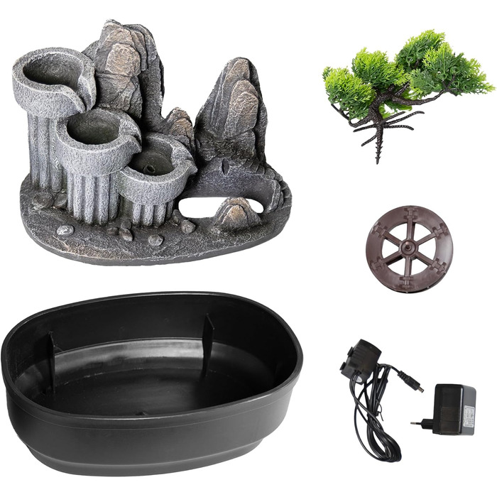 Кімнатний фонтан Lemodo Zimmerbrunnen LED 3-рівневий, з підсвіткою, для дому, офісу, вологостійкий, 27x19x33 см (Водяне колесо)