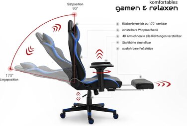 Ігрове крісло TRISENS з підставкою для ніг, 4D підлокітниками, регульованою подушкою підтримки спини, чорний/синій