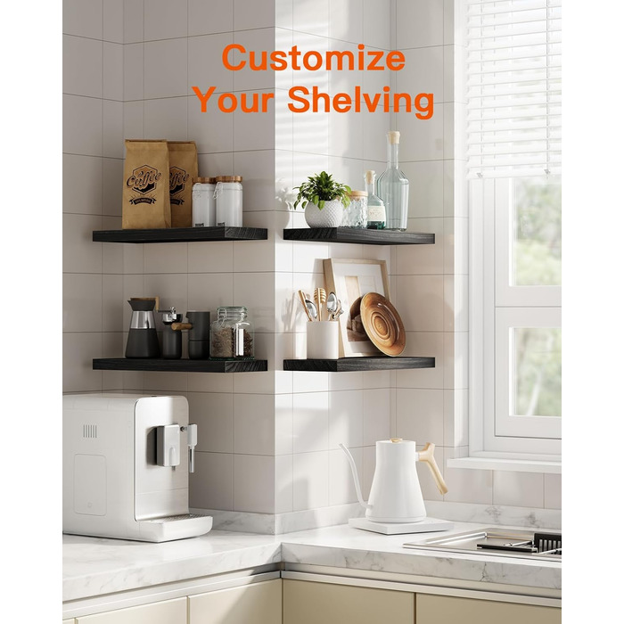 Полиця настінна Pipishell Wandregal Holz 40 см, набір 4 шт., дерево Paulownia, чорна - для кухні, ванної, спальні, офісу