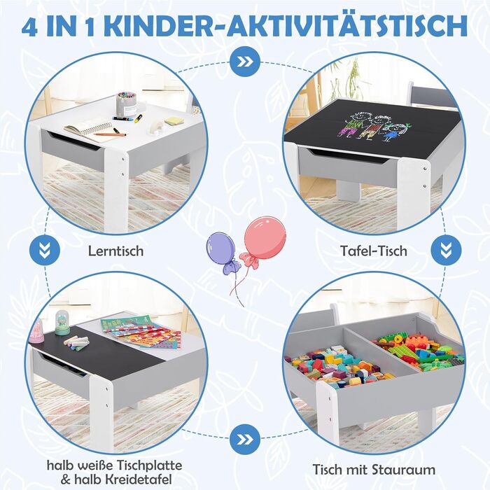 Дерев'яний дитячий стіл з 2 стільцями DREAMADE, 3-х частинний набір меблів для дітей, стіл з двосторонньою поверхнею та місцем для зберігання, набір меблів для хлопчиків та дівчаток (білий, світло-сірий)