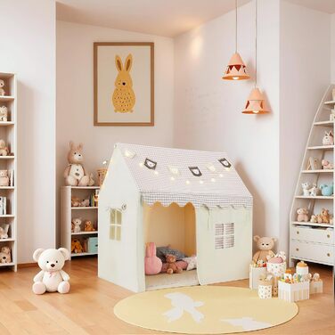 Дитячий намет Mamizо з килимком, прапорцями та світлом, зручний та дихаючий. Ігровий будиночок для дітей, намет для хлопчиків та дівчаток, 125x90x123 см, бежевий колір.