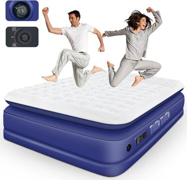 Надувна ліжко 152x203 см для 2 осіб з електричним насосом | Гостьове ліжко та для кемпінгу | Надувне ліжко блакитно-біле