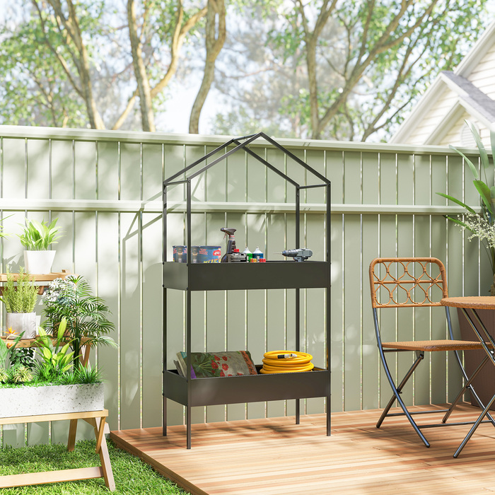 Підставка для квітів у формі будинку з 2 ярусами, 150 см заввишки, з гачками, металева, чорного кольору