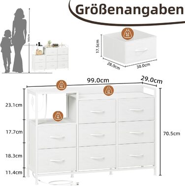 Комод Somdot для спальні, вітальні, прихожої з шухлядами, LED-підсвічуванням та розетками (2 AC, 1 USB, 1 Type-C), 5 тканинних шухляд, білий, 29T x 66,5B x 70,5H см (Комод Somdot з 8 шухлядами, біле шкірозамінник, 29T x 99B x 70.5H см)