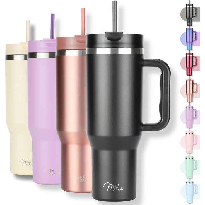 Термокружка Milu 1200 мл з трубочкою та ручкою – термокружка для подарунку на Великдень, День батька, День матері | Подарунок для мами, тата, друзів, бабусі та дідуся | Чорний колір