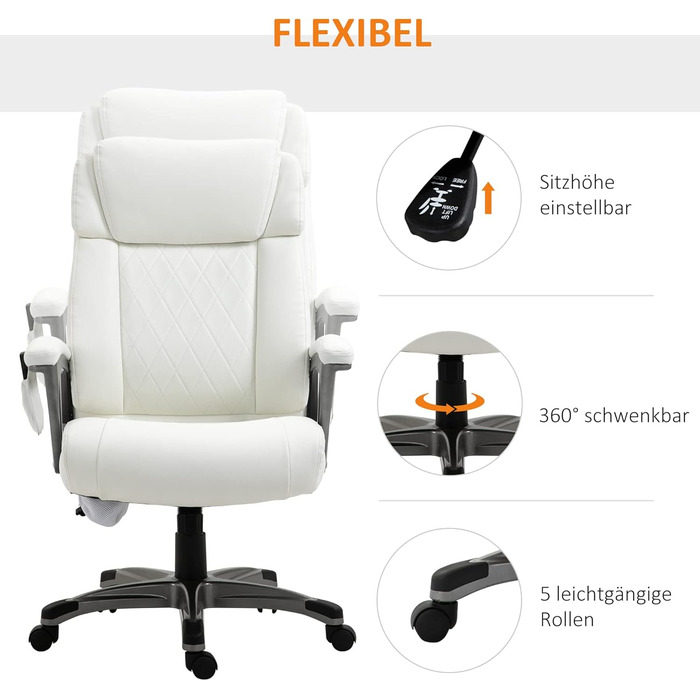 Крісло офісне з масажем Vinsetto - ергономічне, регульоване, з штучної шкіри, біле (70x76,5x114-124 см)