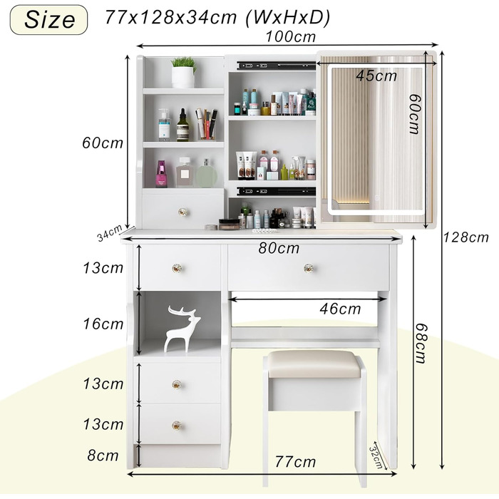 Дзеркальний туалетний столик з LED-підсвічуванням та пуфом, 6 ящиків, 3 полиці, сучасний дизайн, дерево, білий (T68)