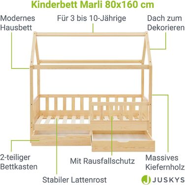 Дитяче ліжко Juskys Marli з 2-предметним місцем для зберігання, захистом від падіння, рейковим каркасом і дахом - Дитяче ліжко з масиву дерева - Ліжко в (80 x 160 см, натуральне)