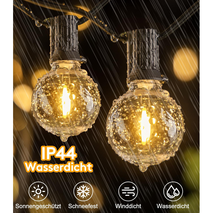 Ланцюжок прикрас LED для вулиці: 20M, 65ft, G40, для саду, балкону, павільйону, тераси, вечірки, з пульт дистанційного керування, IP44, вологостійкий, 20M