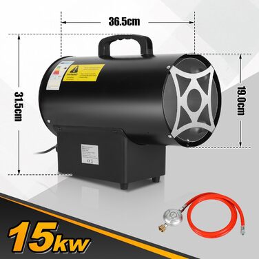 Газовий нагрівач для приміщень Ikodm (15 кВт), 220V, 320 м³/год, з газовим шлангом 1,2м та редуктором тиску 700 мбар