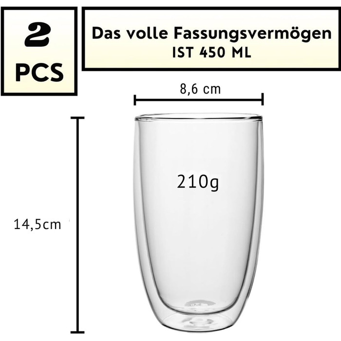 Набір келихів Hot&Cold Latte Macchiato 2x450 мл, боросилікатні склянки для кави з подвійними стінками, ізоляційні