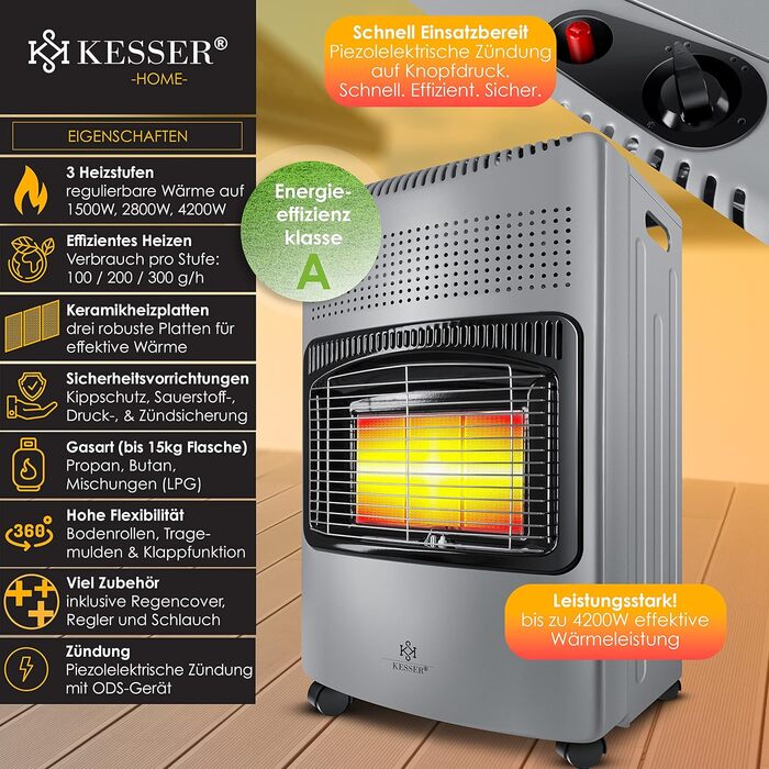 Газовий обігрівач KESSER® 4200W з керамічним нагрівачем, газовий опалювач, інфрачервовий нагрівач, для будинку та на вулицю, сумісний з бутаном/пропаном (до 15кг), сірий, з регулятором тиску, шлангом та захисним кожухом
